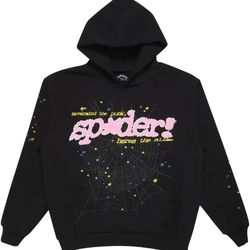 sp5der Punk Graphic Print Black Fleece Hoodie Pullover Men's Size M