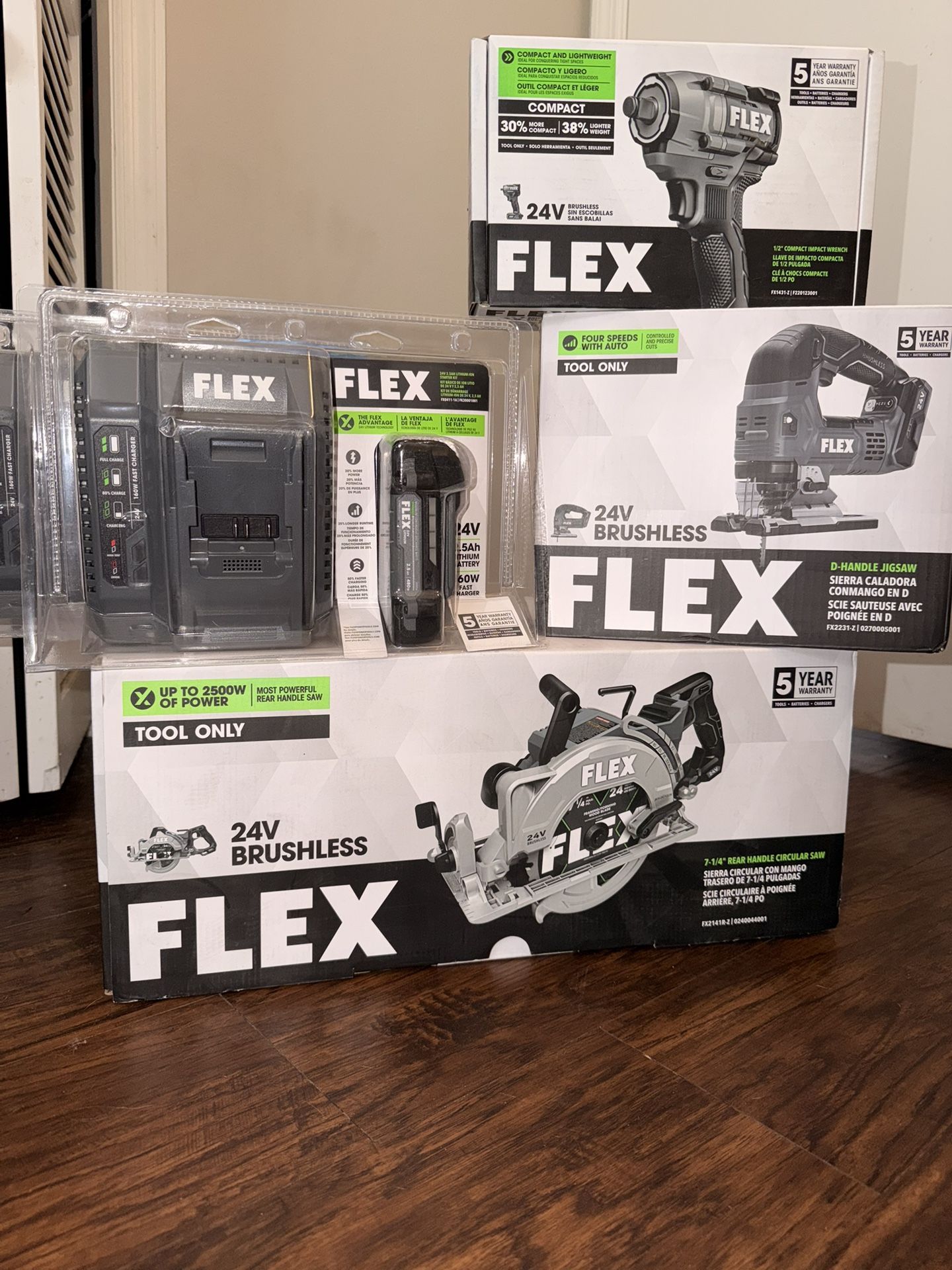 FLEX 24V Brushless Saw, D-Handle Jigsaw, Impact Wrench, 3 Sets of 2.5Ah Batteries and Chargers
