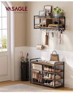 Hall Tree with Shoe Bench, Coat Rack Shoe Bench Set, Entryway Furniture, Multifunctional, 12 Metal Hooks, 4-Tier Shoe Rack, for Entryway, Bedroom, Rus
