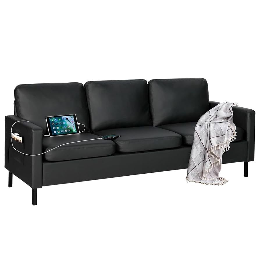 72" W Faux Leather Black Sofa 3 Seat Couch, Modern Comfy Couch with 2 USB, Small Couches for Living Room Apartment Bedroom Small Spaces, Office(Black