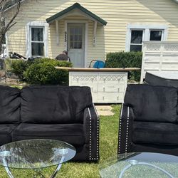 Black Microfiber Couch And Love Seat W/ Chrome Button Accents