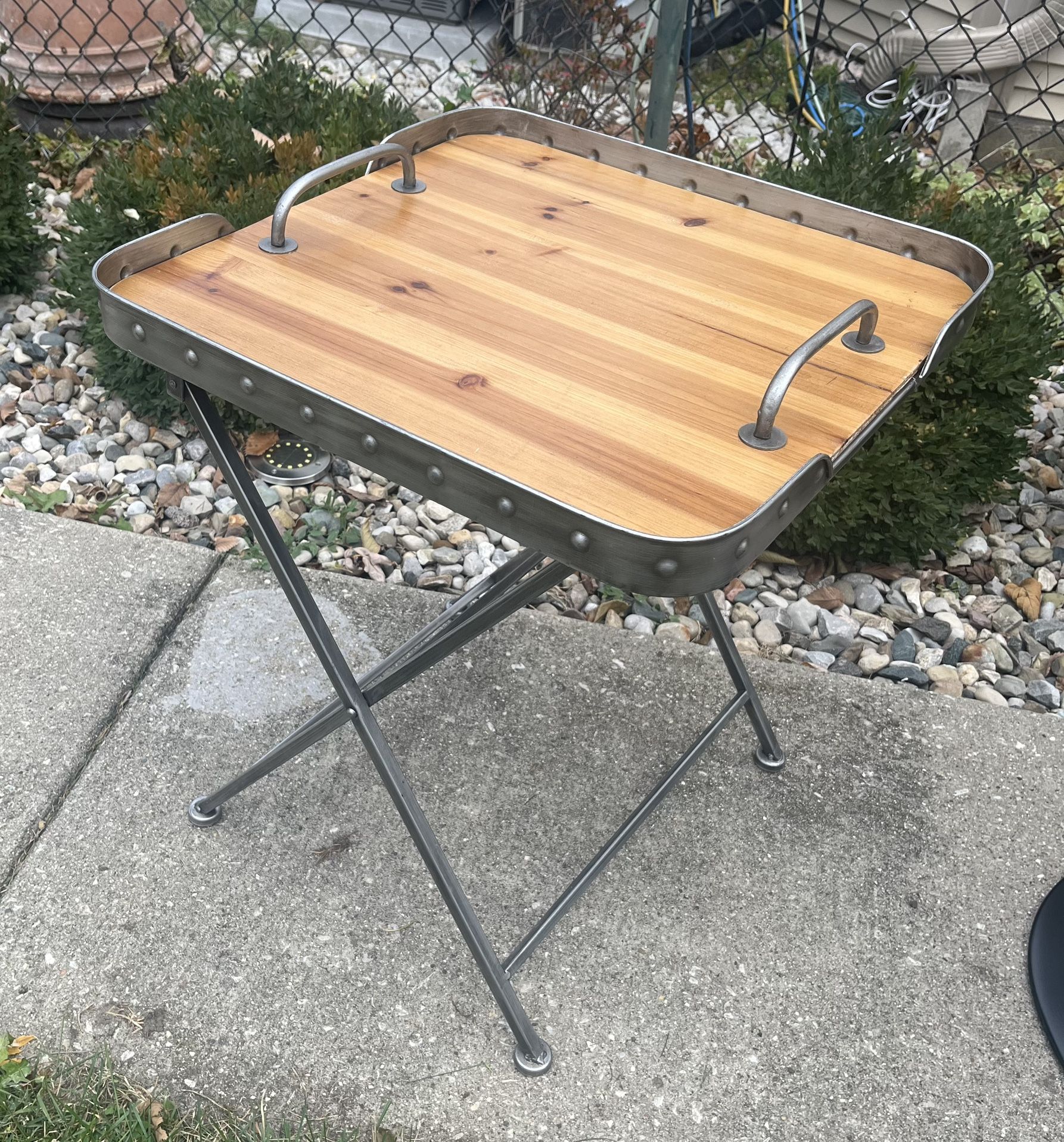 Folding table/ tray with metal base and wood top