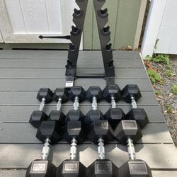 5 Pairs Of Rubber Hex Dumbbells With Space Saving Rack - 10’s - 30’s