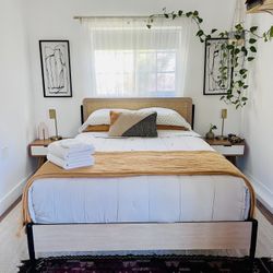 Boho Rattan & Wood Bed Frame & Cabinet