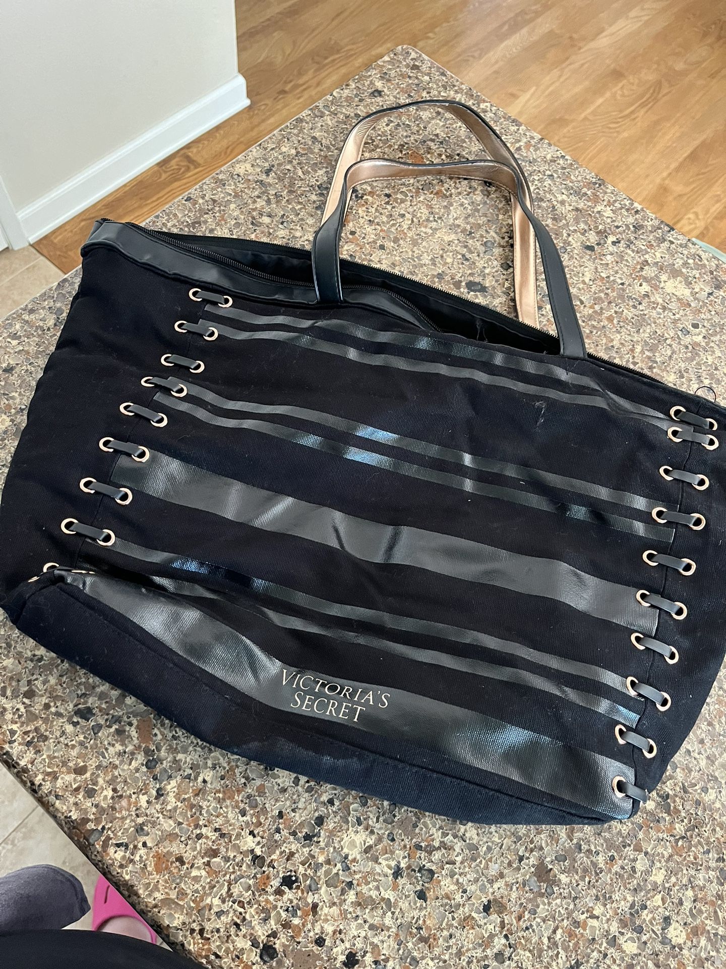 Victoria’s Secret rose gold black stripe tote bag zippered top