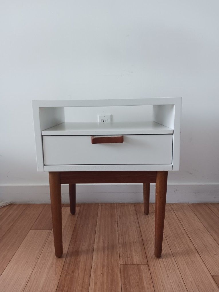 Mid Century Modern Nightstand White and Wood Accents with One drawer Rare Piece