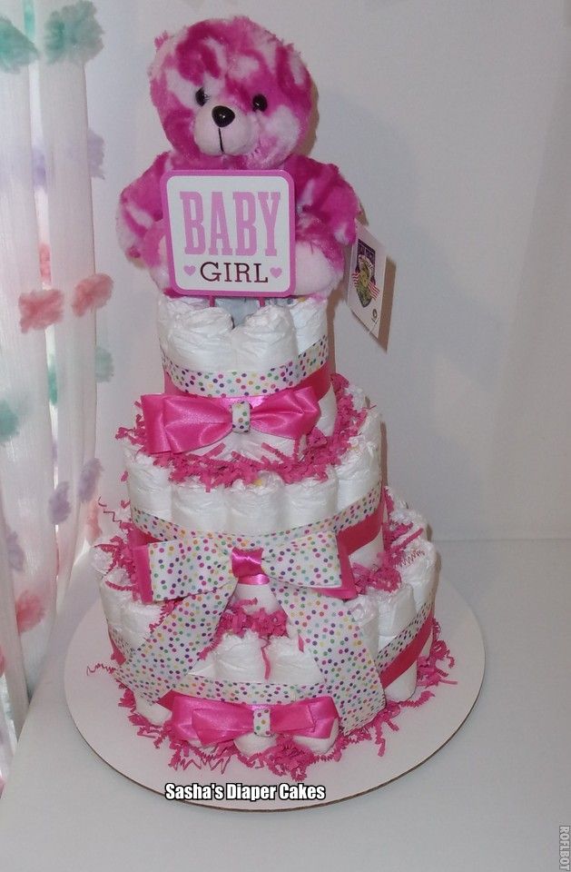 Pink 3 Tier Diaper Cake for Baby Girl with Stuffed Animal (Bear)