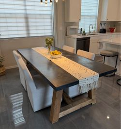 Restoration Hardware Salvaged Wood & Marble X-Base Dining Table + Chairs