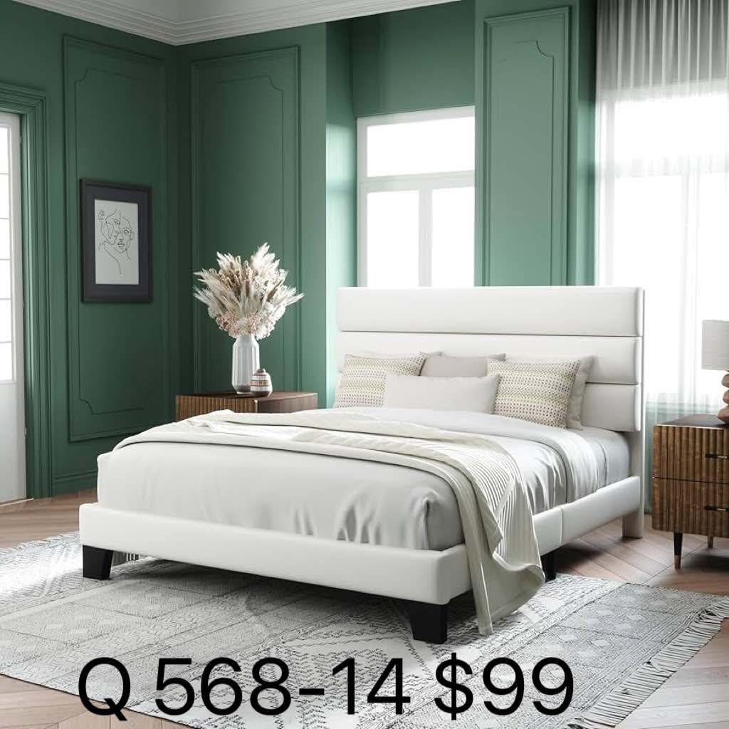 Queen Size Platform Bed Frame with Velvet Upholstered Headboard and Wooden Slats Support(568-14)