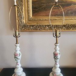 Set of two vintage lamps with applied pink roses