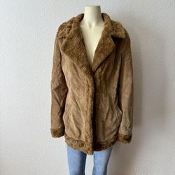 Vintage 90s Penny Lane Tan Suede Leather Faux Fur Jacket Quilted Lining  Size XL