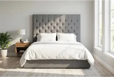 King Size Grey Diamond-Tufted Upholstered Bed + Mattress
