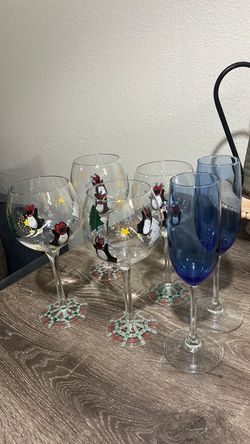 Holiday Penguin Wine Glasses and Blue Flutes Set