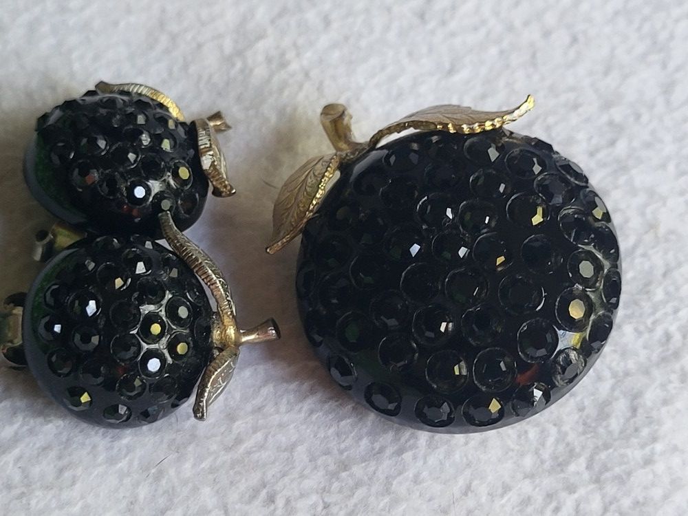 Vintage Austrian Lucite Black Apple Forbidden Fruit Brooch And Earrings