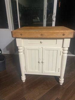 Solid Wood Kitchen Island / Butcher Block Prep Cart (Off-White & Natural Wood)
