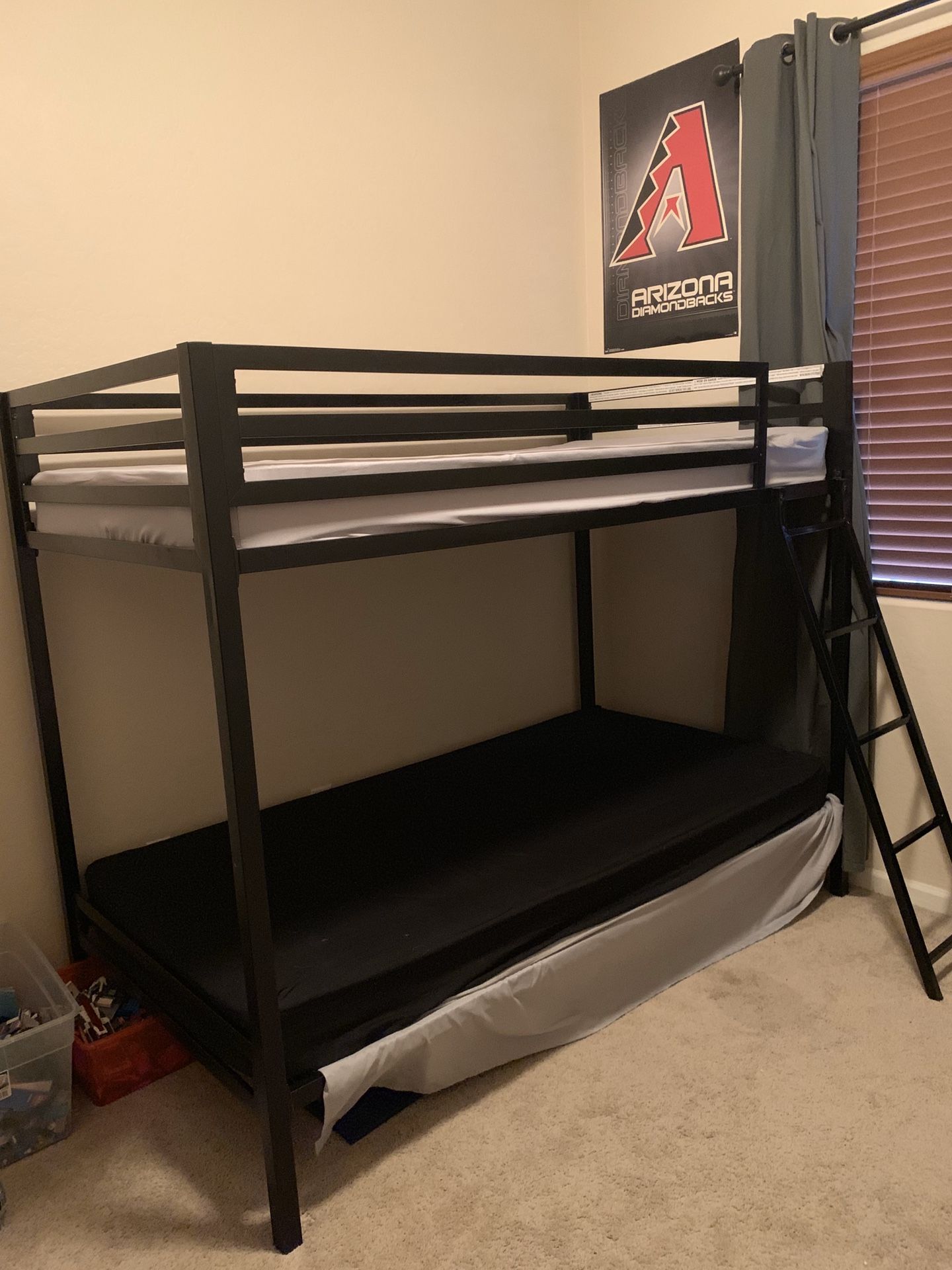Twin Black Metal Bunk Bed, only 2 years old, Mattresses not Included, Sheets and bedding not Included.