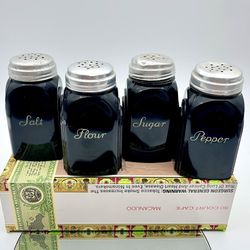 1930’s McKee Black Roman Arch Salt, Pepper, Flour And Sugar Range Shakers
