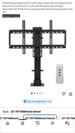 VEVOR Swivel Motorized TV Lift Stroke Length 40 Inch Motorized TV Mount Fit for 32-70 Inch TV