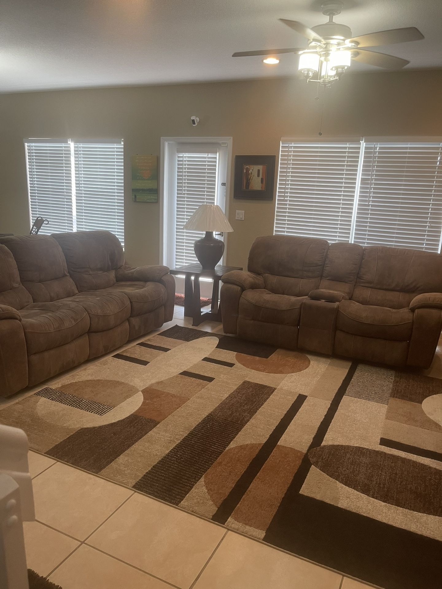 Living Room Recliner Set With Two End Tables And One Lamp