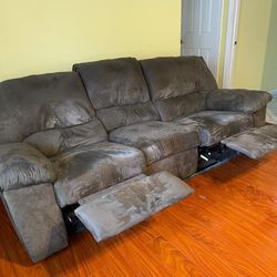 Two 3-Seater Green Sofas with Double Recliners