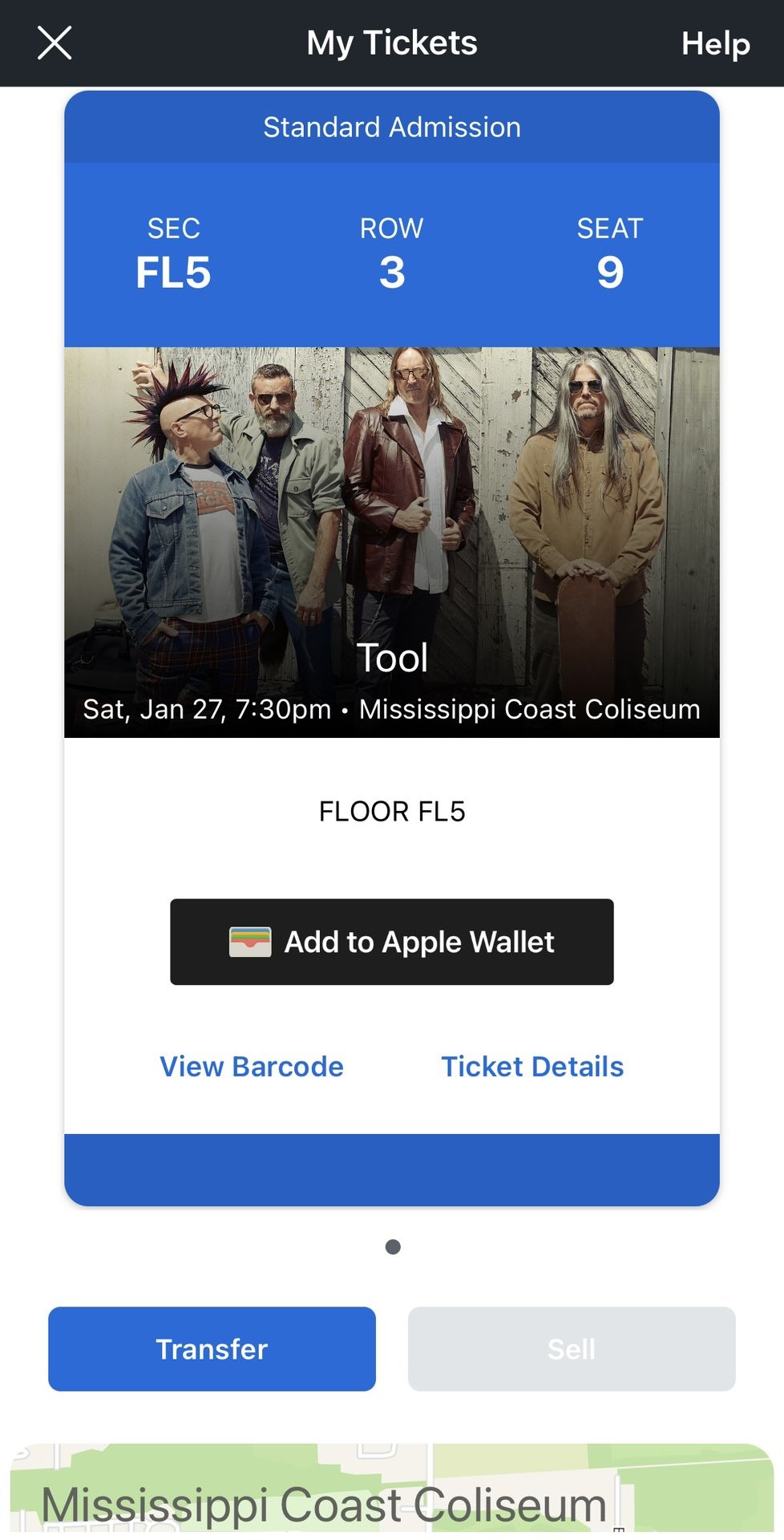 Tool Floor Concert Ticket