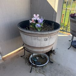 3 Plastic Barrel Planters With Iron Stands