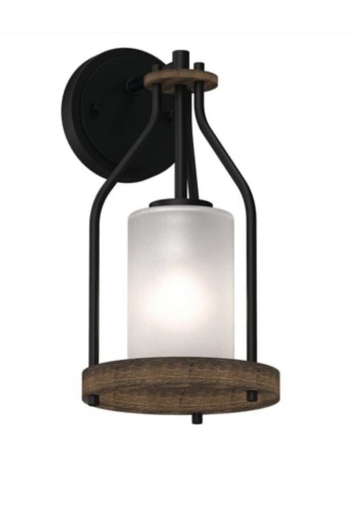 Walnut and Black Indoor Vanity Wall Sconce or Wall Lighting Mount with Frosted Glass