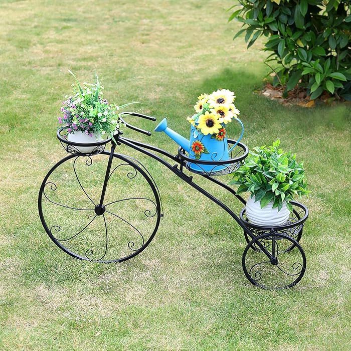 Tricycle Iron Planter Stand: 3 Potted Bicycle Shape Plant Flower Pot Rack Metal Display Shelf Holder for Patio Garden Indoor Outdoor