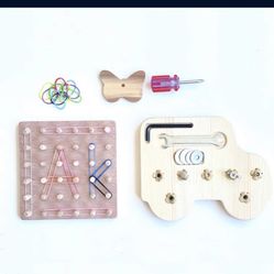 Geoboard & Screw Board Car Bin - Montessori Toys - Wooden Wducational toy for kids - Learning toy - Wooden peg board - Toddlers GIFT SET