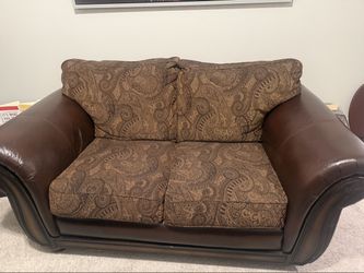 Loveseat – Leather & Paisley Fabric