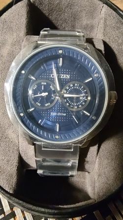 Citizen Eco-Drive Blue Dial Day/Date Watch Stainless Steel Strap *NIB*!