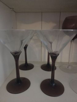 4 purple stem martini glasses, new