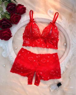 Red Lace Lingerie Bralette and Shorts Set