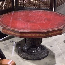 Antique Dodecagon 12-Sided Leather Top Wrapped Iron Base Coffee Table - See measurements