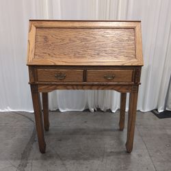 Oak Slant-Front Secretary Desk with Brass Pulls