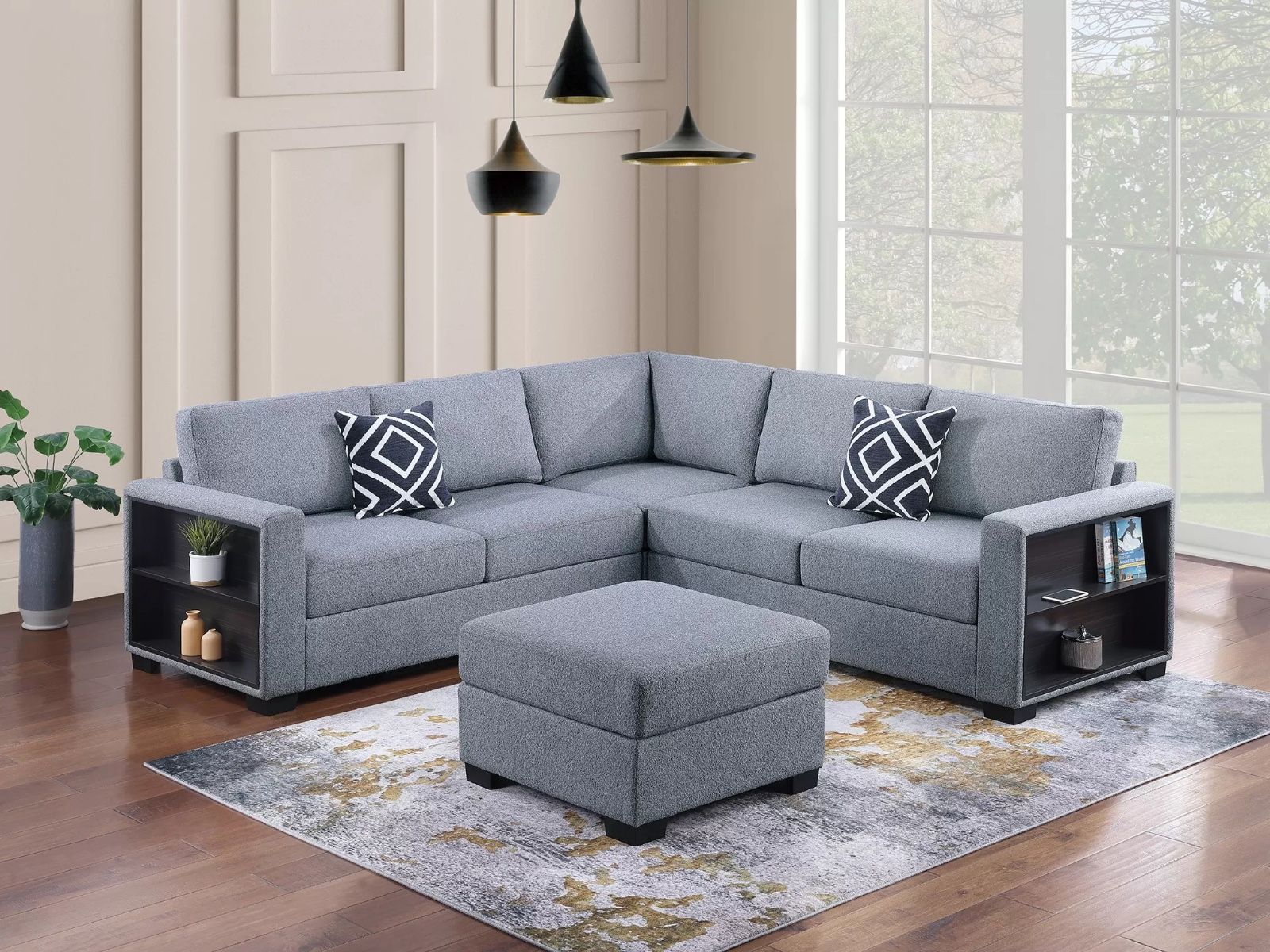 ✅✅️4 pc grey boucle fabric upholstered sectional sofa with storage arms and ottoman✅️✅️