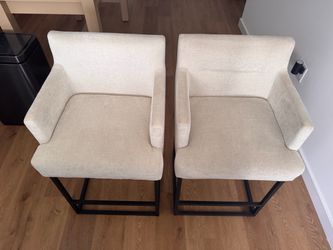 Set of 2 Modern Counter Height Bar Stools – Beige Chenille – Great Condition