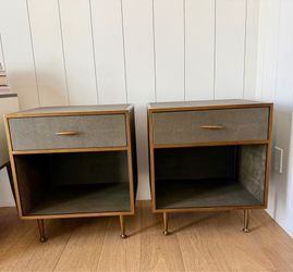 Pair of Four Hands Shagreen Nightstands – Grey Faux Shagreen with Brass Accents