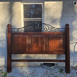 King Solid Wood Headboard with Wrought Iron Detail