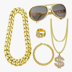 5 Piece Hip Hop Theme Accessories Kit - Retro Chains with Coin Design, Punk Style Glasses & Dollar Ring for Costume Parties, 80s 90s Rapper Fashion. (