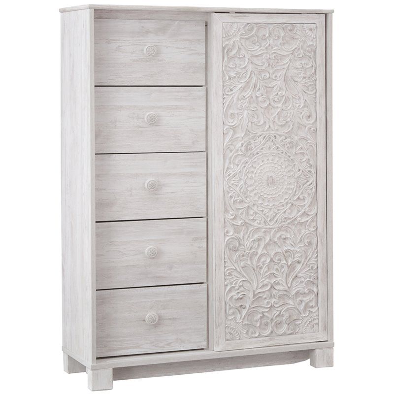 Paxberry Dressing Chest White Wash - Signature Design by Ashley: Boho-Chic 5-Drawer Storage, Carved Sliding Door

