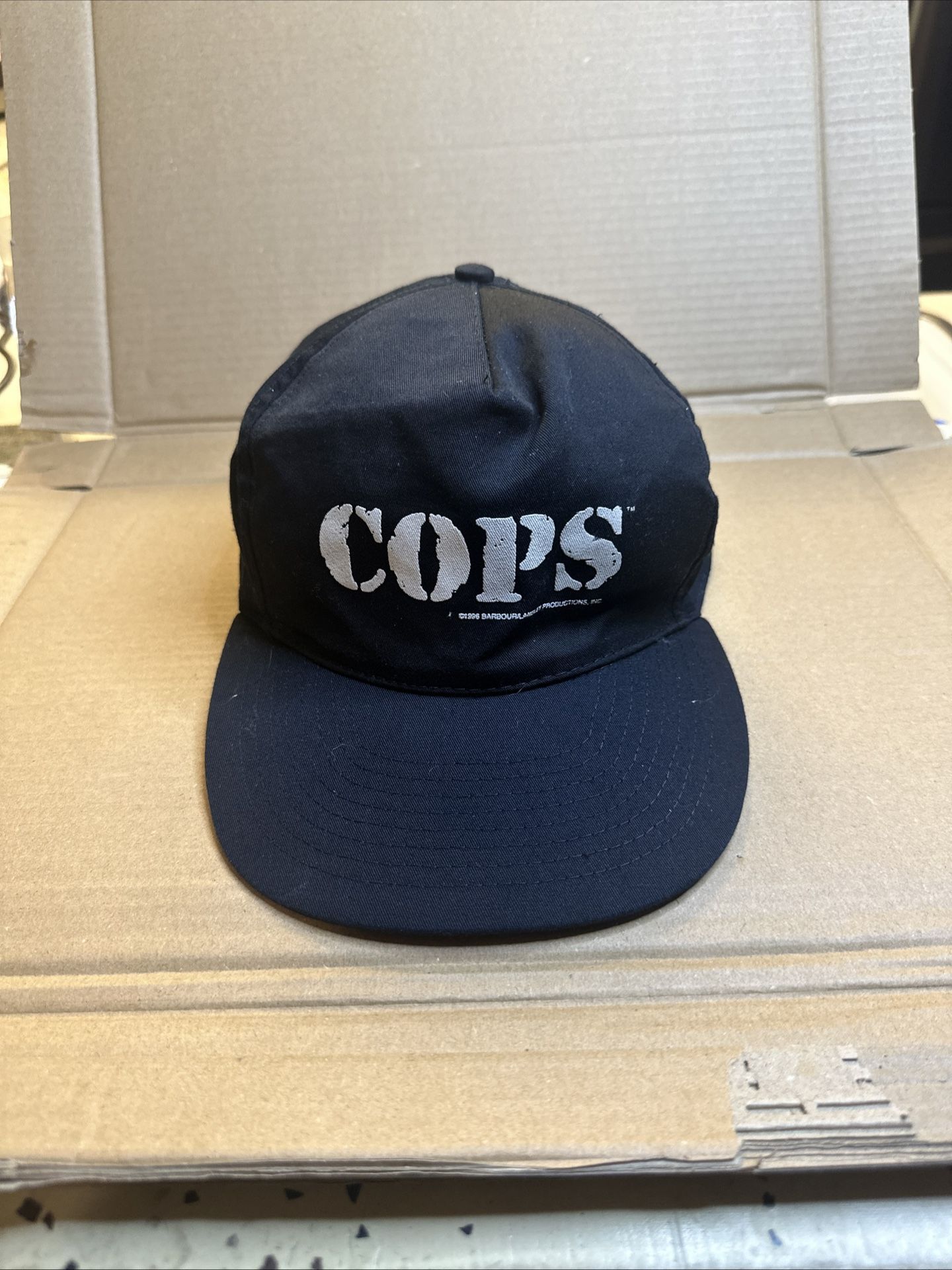 Vintage 1996 COPS Hat Cap StrapBack Black White Langley Production TV Show
