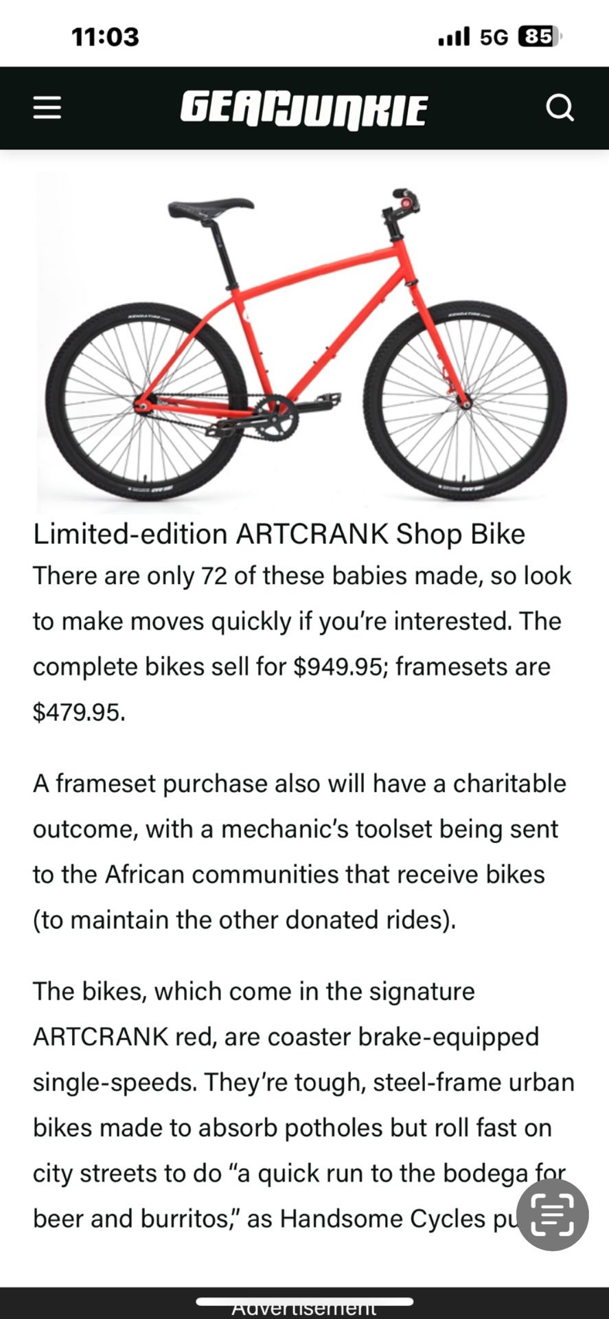 Artcrank Handsome Shop Bike Limited Edition With Only 72 Frame Sets Made!