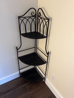 Black Metal Corner Rack Plant Stand with Folding Wooden Shelves - 48" H