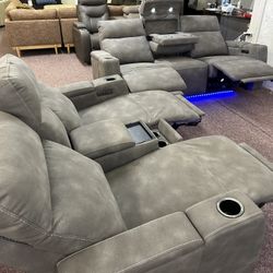 Furniture- Zero Gravity Power Leather Recliner Sofa- Greymel