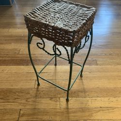 Vintage 17" h x 8”w Wicker & Iron Pedestal Plant Stand: natural & patina finish