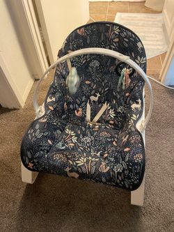 Infant Bouncer Seat with Toy Bar, Navy Blue Woodland/Floral Print Multicolor