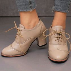 New With Tags High-quality Brand Brogue Khaki Color British Style High Heels Size 11Pu Leather Pumps, $70