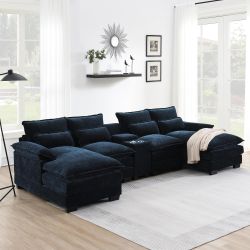 123*55Modern U-shaped Sectional Sofa with Console,Cup Holders and USB Charger,6 Seat Upholstered Symmetrical Indoor Furniture,Comfy Chenille Cloud Cou