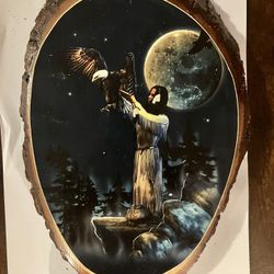 Vintage Pennsylvania Wood Slice Plaque - Native American Eagle & Moon 